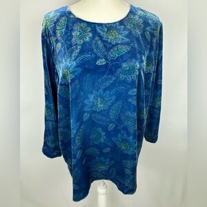 NWT J. Jill Blue Floral Velvet Velour Tunic Blouse Long Sleeves Large Boho